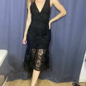 Karina Grimaldi Black Floral Lace Asymmetric Midi Dress Party Birthday Size S